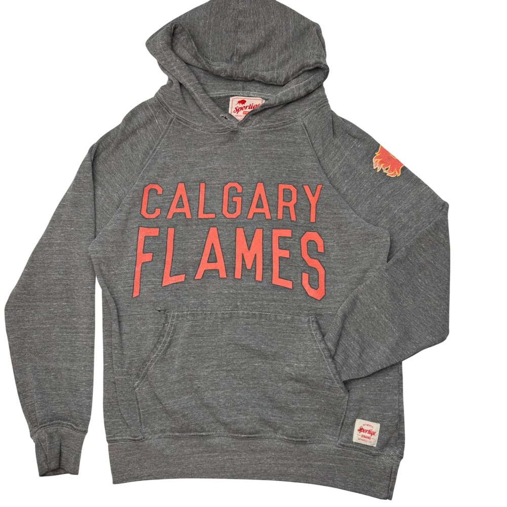 Vintage Sportige Calgary Flames Hoodie Grey Red NHL‎ Hockey Distressed Grunge S